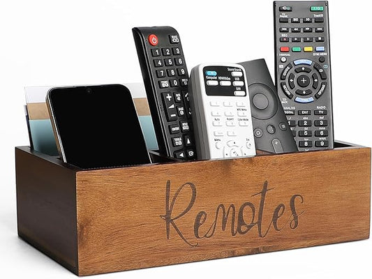 Acacia Wood Remote Control Holder Caddy, TV Organizer for Table, Vintage Farmhouse Desk Caddy (Brown-for 6+ Controls)-NeatNest