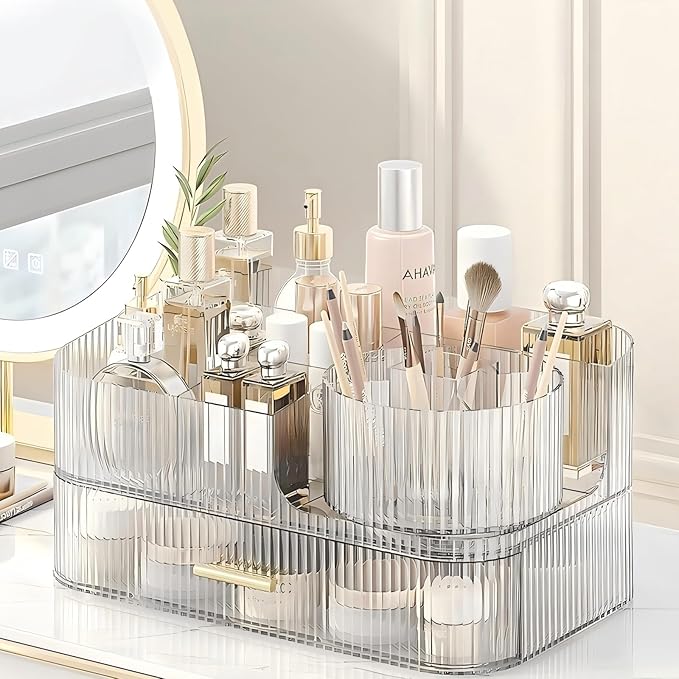 DASITON Makeup Organizer with Drawers and Rotating Makeup Brush Holder,Large Capacity Stackable Cosmetic Organizer Countertop,Bathroom Organizers and Storage,Make up Organizers for Vanity (Clear 02)