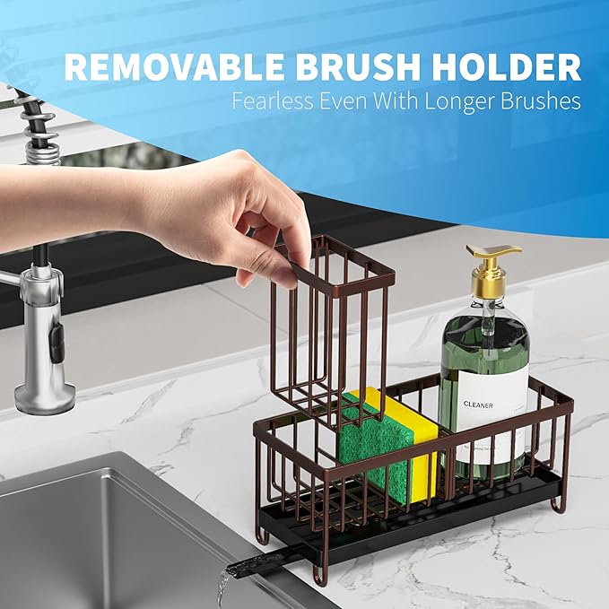 Cisily Brown Sponge Holder for Kitchen Sink, Sink Caddy Organizer with High Brush Holder, Kitchen Countertop Organizers and Storage Essentials, Rustproof 304 Stainless Steel, Soap Dispenser Organize-NeatNest