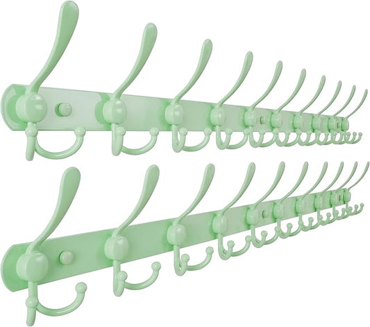 Dseap Coat Rack Wall Mount - 38” Long 10-Tri-Hooks Heavy Duty Coat Hanger Rail Wall Hooks for Hanging Coats Hats Clothing Clothes Purse Mudroom Entryway, Green, Pack of 2-NeatNest