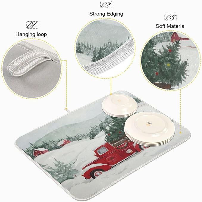 Happy Christmas Tree Dish Drying Mat Microfiber Drying Matt for Dishes Sink Kitchen Counter 18 x 24 Inches