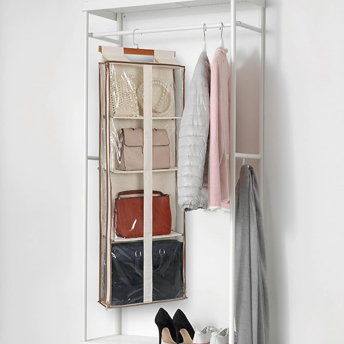 Clear Hanging Handbag Storage Organizer with Zippers, Easy Access Purse,Toy,Yarn,Hat Storage Over The Door Purse Organizer Space Saving 4 Pockets for Closet Bedroom Living Room (Beige)-NeatNest