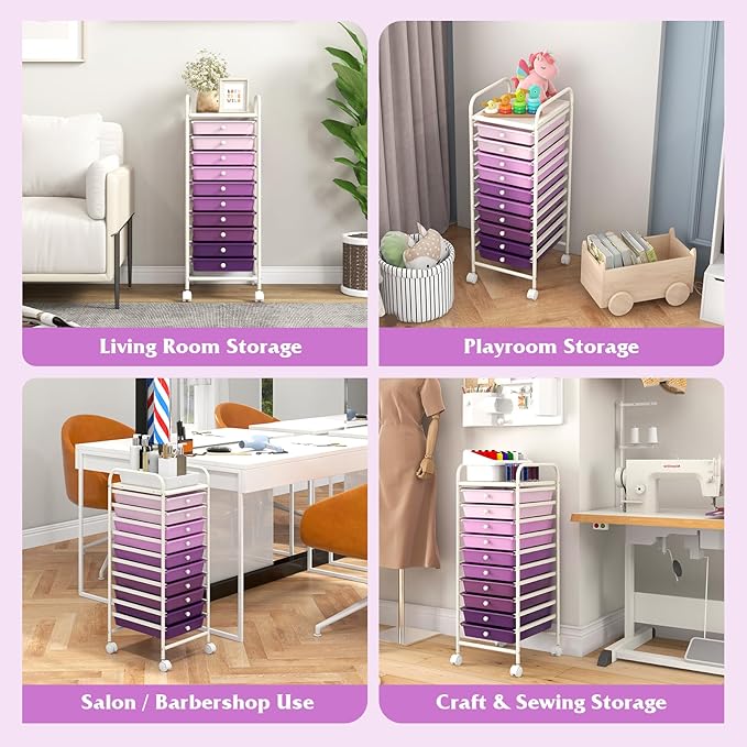 COSTWAY 10-Drawer Rolling Storage Cart, Utility Mobile Trolley with Removable Drawers & Universal Casters & 2 Brakes, Versatile Flexible Drawer Organizer Cart for Home, Office, Purple Gradient-NeatNest