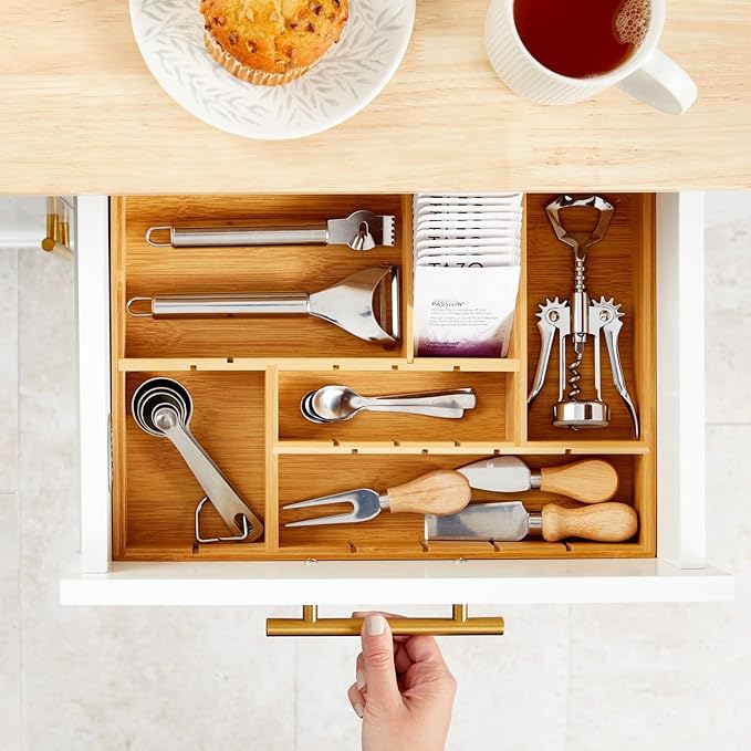 Juvale Drawer Organizer Tray - 14 x 10 x 2 In Brown Bamboo - 8 Adjustable Dividers for Custom Storage - Silverware & Utensil Organizer - Desk Drawer Divider - Versatile Wooden Divided Tray-NeatNest