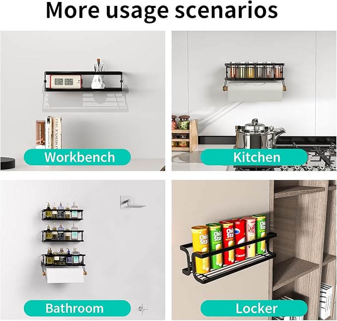 3 Pack Spice Rack Wall Mount With Paper Towel Holder and Hooks,Space-Saving Spice Organizer for Spice Jars and Seasonings, Hanging Spice Rack Organizer Kitchen for Cabinet, Pantry,Black-NeatNest