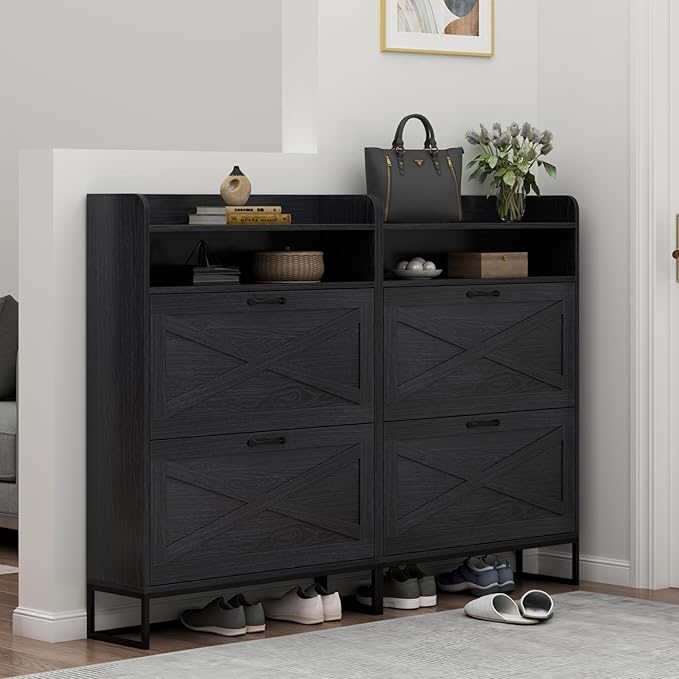 Shoe Cabinet, Freestanding Tipping Bucket Shoe Storage Cabinet with 2 Flip Drawers, Entryway Shoe Rack with Storage Top Cubby, Narrow Slim Hidden Shoe Organizer with Doors (Black)-NeatNest