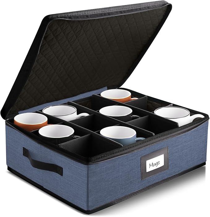 Hearth & Harbor Coffee Mug Storage, Quilted and Stackable Coffee Cup Storage Organizer for Service of 12, Mug Storage Box with Dividers, China Containers Hard Shell for Moving and Organization, Blue-NeatNest