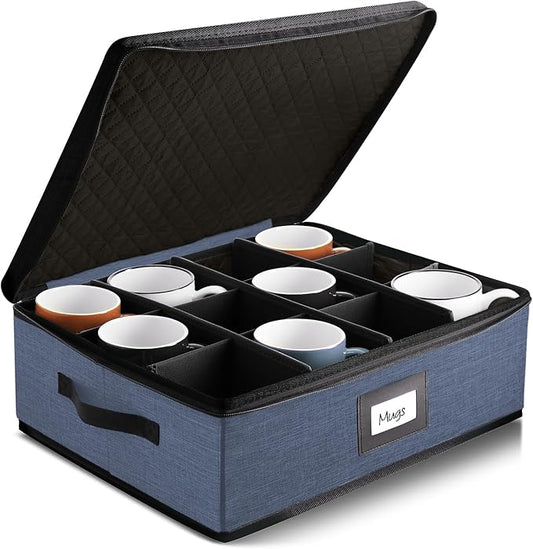 Hearth & Harbor Coffee Mug Storage, Quilted and Stackable Coffee Cup Storage Organizer for Service of 12, Mug Storage Box with Dividers, China Containers Hard Shell for Moving and Organization, Blue-NeatNest