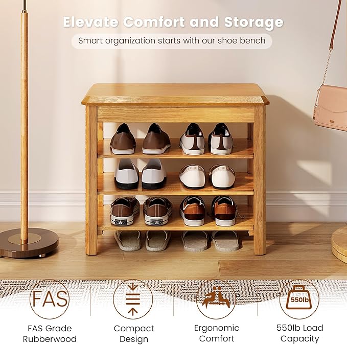Shoe Rack Bench Seat Rubberwood 3-Tier Wooden Storage Bench 550lbs Compact Mid-Century Modern Design for Entryway, Hallway, Closet, Front Door Entrance, Foyer
