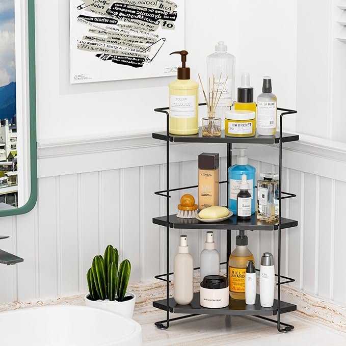 3-Tier Bathroom Organizer, Bathroom Counter Organizer, Bathroom Organizers and Storage for Bathroom, Kitchen Counter, Corner Storage Shelf for Bedroom Storage Makeup Skincare Perfume (Black)