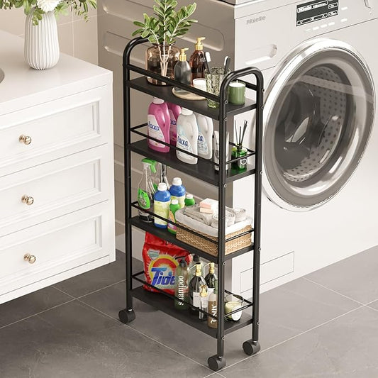 Black Slim Storage Cart, 4 Tier Rolling Utility Cart on Wheels, Slim Bathroom Storage for Small Spaces in Kitchen, Dining Room, Bathroom, Laundry Room, Black