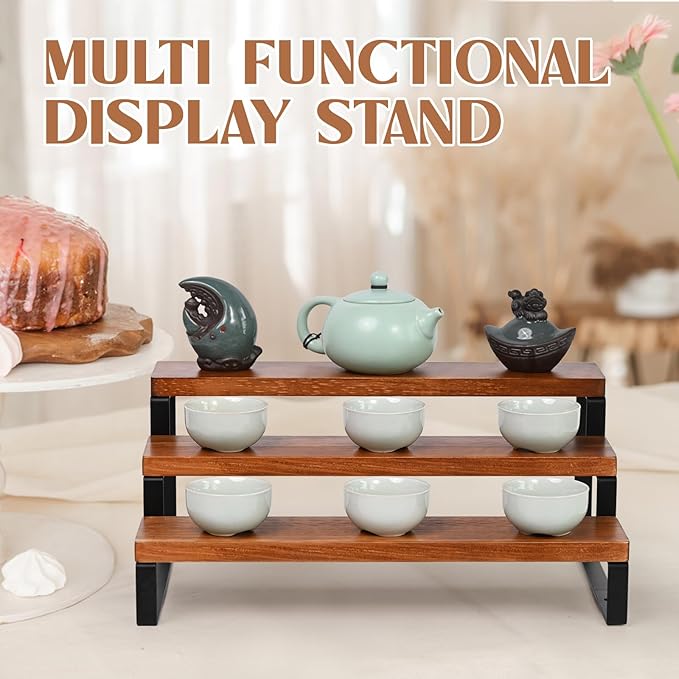 3 Tier Wooden Display Riser Stand Perfume Organizer with Metal Stand, Dessert Table Display Set, Food Display Stands for Party, Brown Rustic Solid Wood Shelf for Cupcakes, Perfume, Cologne, Spiece-NeatNest