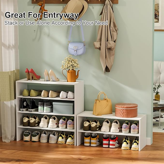 2 Pack White Shoe Rack for Closet, 2-Tier Expandable Small Shoe Shelf, Stackable Iron Wood Combination Shoe Organizer Racks Shelves for Closets, Entryway, Hallway, Garage, Holds 15-24 Pairs-NeatNest