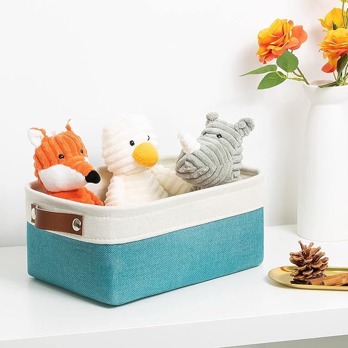 DULLEMELO Small Collapsible Fabric Basket for Organizing, Shelves, Closets, Laundry, Nursery, Decorative Gift Basket (White & Teal)-NeatNest
