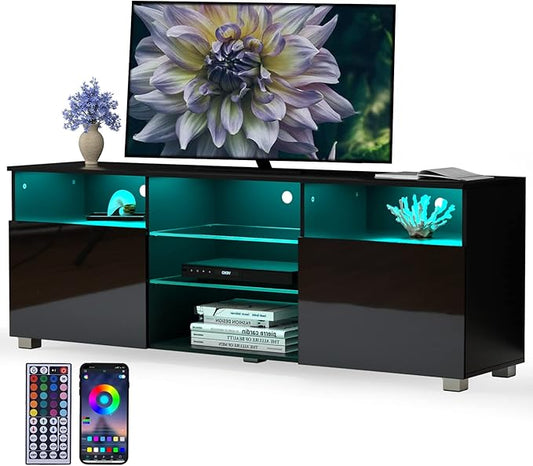 High Glossy LED Black TV Stand for 55/60/65 inch TV,Modern LED Entertainment Center with Adjustable Storage Shelves,Game Console Entertainment Center,TV Table Media Furniture (57inch, Black)-NeatNest