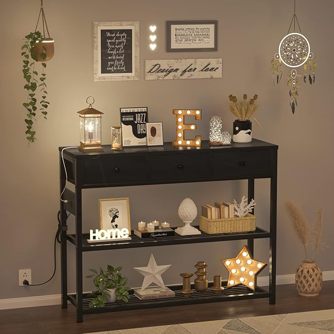 Ecopriso 47'' Entryway Table with Outlets and USB Ports, Console Table with 3 Drawers, Sofa Table Narrow Long with Storage Shelves for Living Room, Couch, Hallway, Foyer, Kitchen Counter, Black-NeatNest