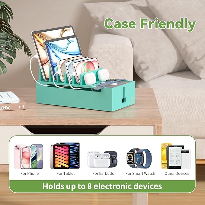 Pezin & Hulin Bamboo Charging Stand Rack, Wooden Charge Box for Mobile Phones, Tablets, Smart Watch and Earbuds, Wire Cable Organizer Box, Bedside Dock Stand Holder (NO Power Adapter Supply)-Teal