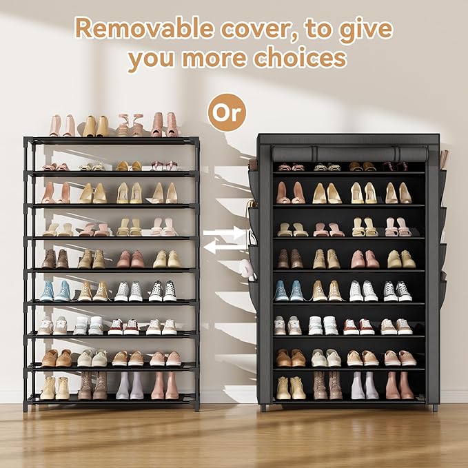 Shoe Rack with Cover, 8 Tier Tall Shoe Organizer Storage for 36-45 Pair Shoes and Boots Large Shoe Storage Shelf Free Standing Shoe Rack for Closet, Front Door Entrance, Dorm, Garage-NeatNest