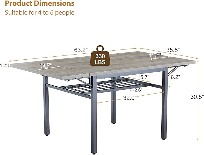 63.2" Folding Dining Table for 4-6 People, Drop Leaf Table with Storage Rack Extendable Kitchen Dinner Table for Small Spaces (Grey)-NeatNest