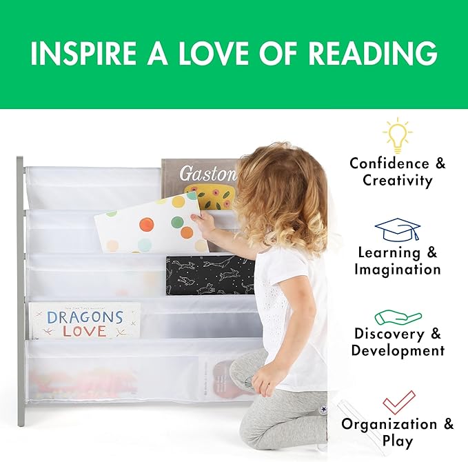 Humble Crew 4-Tier Kids Bookshelf, Grey Wood/White - Premium Book Shelf for Kids Rooms with Four Deep Pockets - Toddler Sling Book Rack with Deep Sleeves, Nursery Bookcase Organizer
