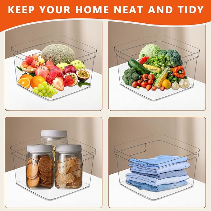 MOONEDGE Cube Storage Organizers Bins – Clear PET Storage Containers with Handles, Stackable Pantry & Closet Organizers for Kitchen, Bathroom, Laundry Room & Under-Sink Storage (8 Pack)-NeatNest