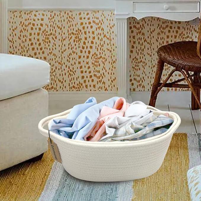 2PACK Small Woven Storage Basket for Organizing|Cotton Rope Basket for Closet Shelving Storage|Gift Basket for Empty with Handles for Toys, Books for Living Room, Bedroom（White）