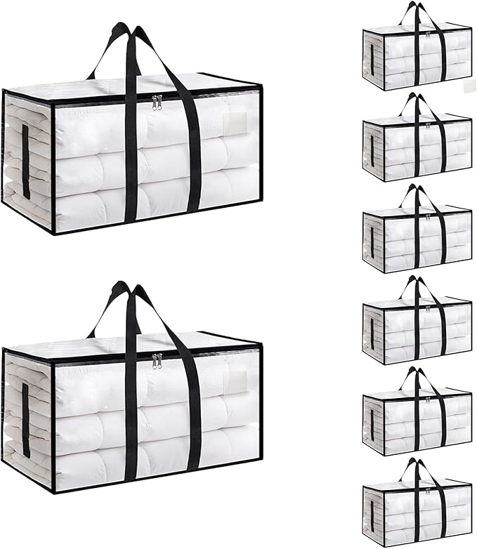 Extra Large Heavy Duty Moving Bags - Waterproof Storage Totes with Reinforced Handles & Zippers, Foldable for College Dorm Essentials, Clothes Storage & Travel (8-Pack Clear)
