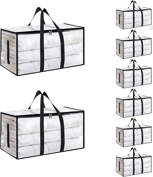 Extra Large Heavy Duty Moving Bags - Waterproof Storage Totes with Reinforced Handles & Zippers, Foldable for College Dorm Essentials, Clothes Storage & Travel (8-Pack Clear)