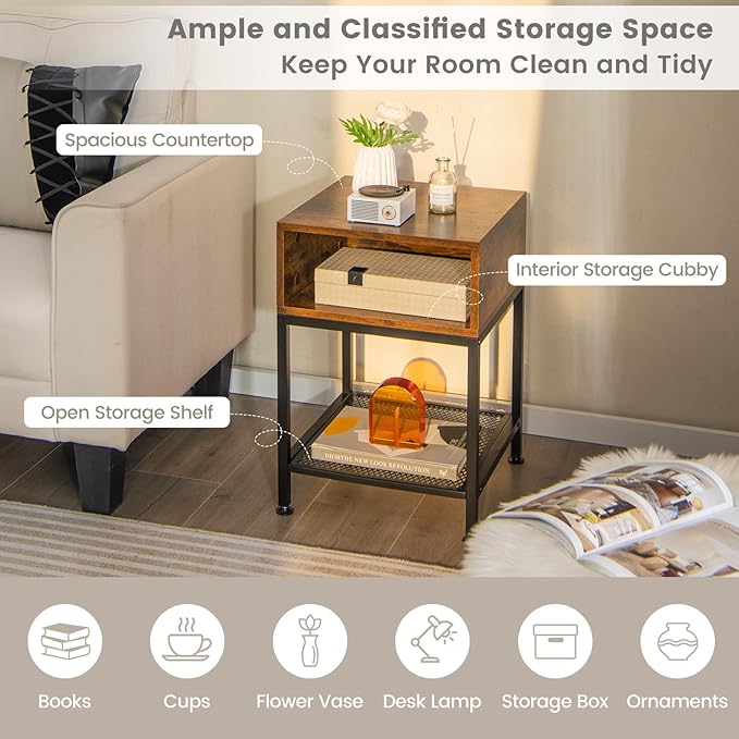 Giantex 2-Tier Side Table, Industrial End Table with Open and Mesh Storage Shelf, Stable Metal Frame, Telephone Table for Small Space, Bedside Table Night Stand for Living Room Bedroom, Rustic Brown
