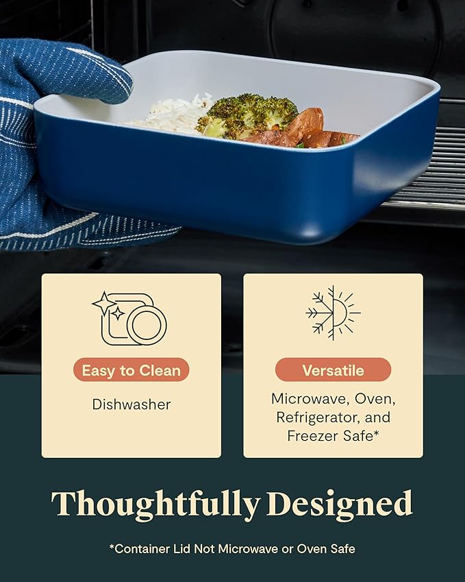 Caraway Glass Food Storage, 10 Cup Glass Container,Ceramic Coated Food Container,Easy to Store, Non Toxic, Non Stick Lunch Box Container with Glass Lids. Dishwasher, Oven,Square Shape,Navy-NeatNest