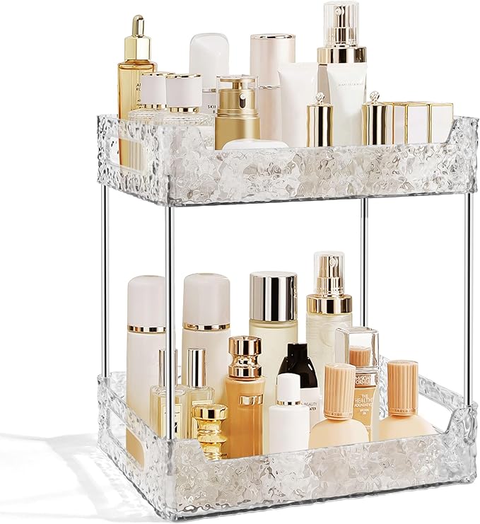 2-Tier Bathroom Counter Organizer Countertop Storage, Dresser Organizer Vanity Tray for Makeup, Perfume Organizer Cosmetics Skincare Shelf - Clear-NeatNest