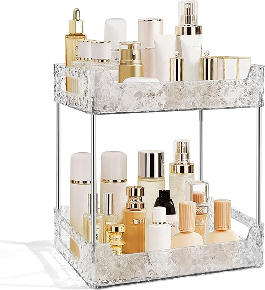 2-Tier Bathroom Counter Organizer Countertop Storage, Dresser Organizer Vanity Tray for Makeup, Perfume Organizer Cosmetics Skincare Shelf - Clear-NeatNest