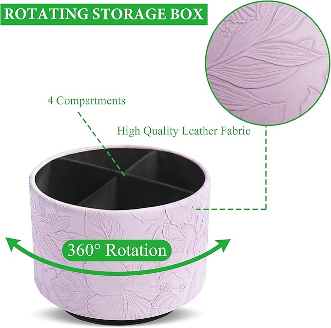 Hennaja Round Leather Art Supply Organizer,Remote Control Holder,360 Degree Spinning,Multi-Functional Pencil Holder,4 Compartments Desktop Stationary Organizer(1-Carved Purple)-NeatNest