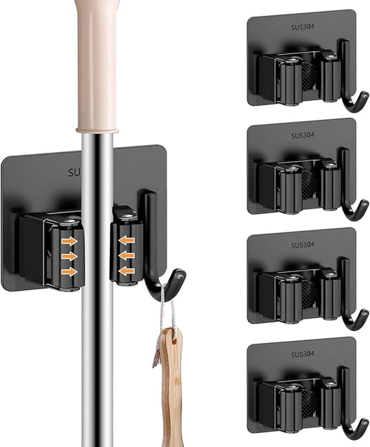 Broom Holder Wall Mount, Mop and Broom Holder Wall Mount with Hooks, Stainless Steel Broom Holders 4Pcs-NeatNest