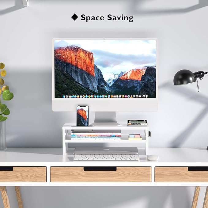 BONTEC Wooden Monitor Stand Riser, 2-Tier Desk Shelf with Storage Organizer, Ergonomic Computer Stand with Cable Management, Cellphone Holder, White, 16.5 Inch-NeatNest