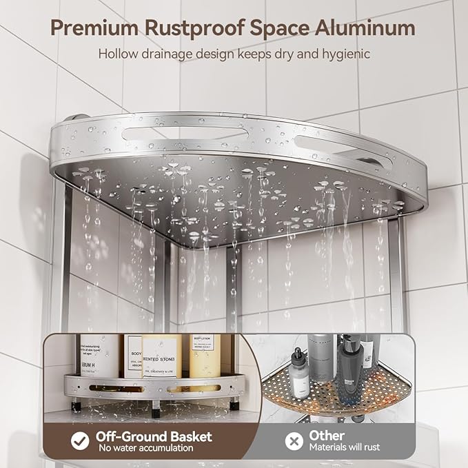 Corner Shower Caddy Standing, 3 Tier Shower Organizer Stand with Soap Holder, Rustproof Shower Shelves for Bathroom Storage, Silver
