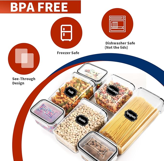 Skroam 24 Pack Airtight Food Storage Containers with Lids for Kitchen Pantry Organizers and storage, Plastic Canister Set for Cereal, Pasta, Flour & Sugar - Spoon Set, Labels & Marker