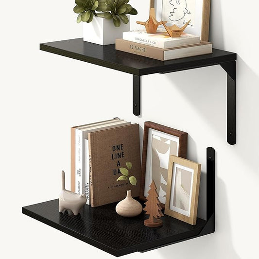 Fun Memories Floating Shelves for Wall, 12 Inch Deep Floating Shelves Set of 2, Wall Mounted Shelf with Metal Brackets, Rustic Wood Wide Shelf for Bathroom, Kitchen and Living Room, Black, 16W x 12D-NeatNest