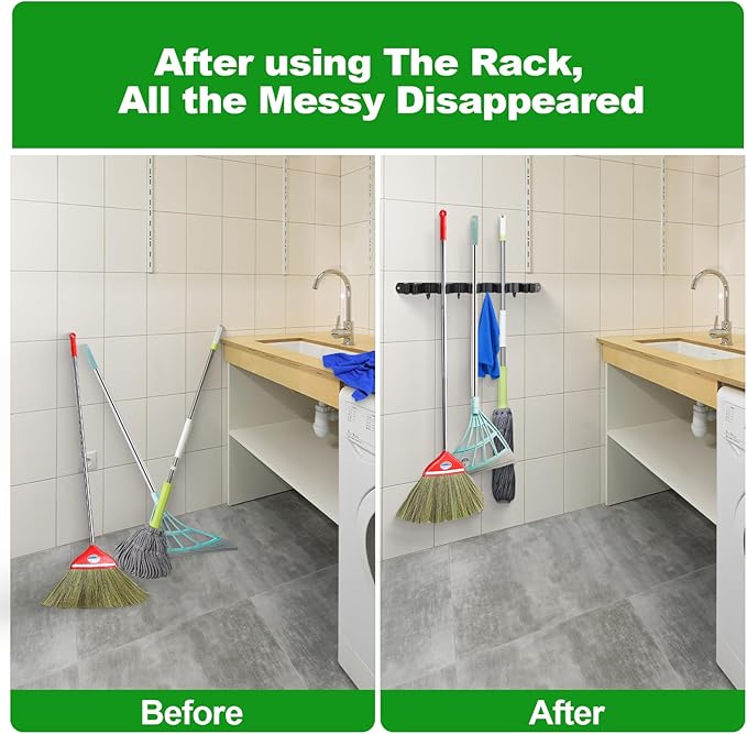 voze 3 Racks and 4 Hooks Mop and Broom Holder Wall Mount, Self Adhesive Heavy Duty Broom Organizer Storage Tool Racks for Kitchen Garden Laundry Garage-NeatNest