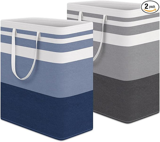 HomeHacks 2 Pack Large Laundry Baskets, Waterproof, Freestanding Laundry Hampers, Collapsible Clothes Hamper with Reinforced Handles in Laundry, College Dorm, Bathroom, Bedroom (Grey+Blue, 100Lx2)-NeatNest