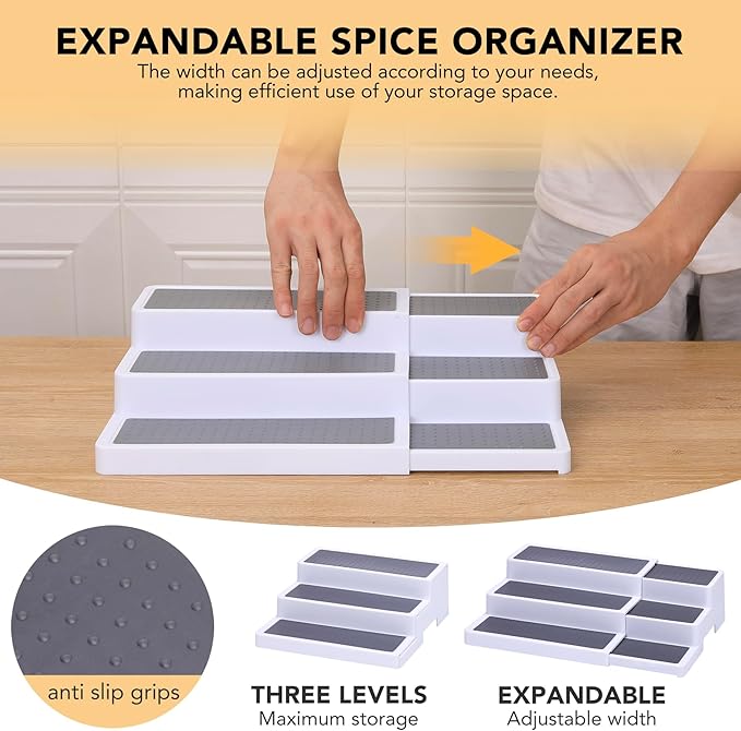 3-Tier Expandable Spice Rack, Plastic Spice Rack Organizer for Cabinet, Adjustable Length, Non-Skid Spice Shelf Organizer for Kitchen Cabinet, Countertop or Pantry, 2 Pack, White/Grey-NeatNest