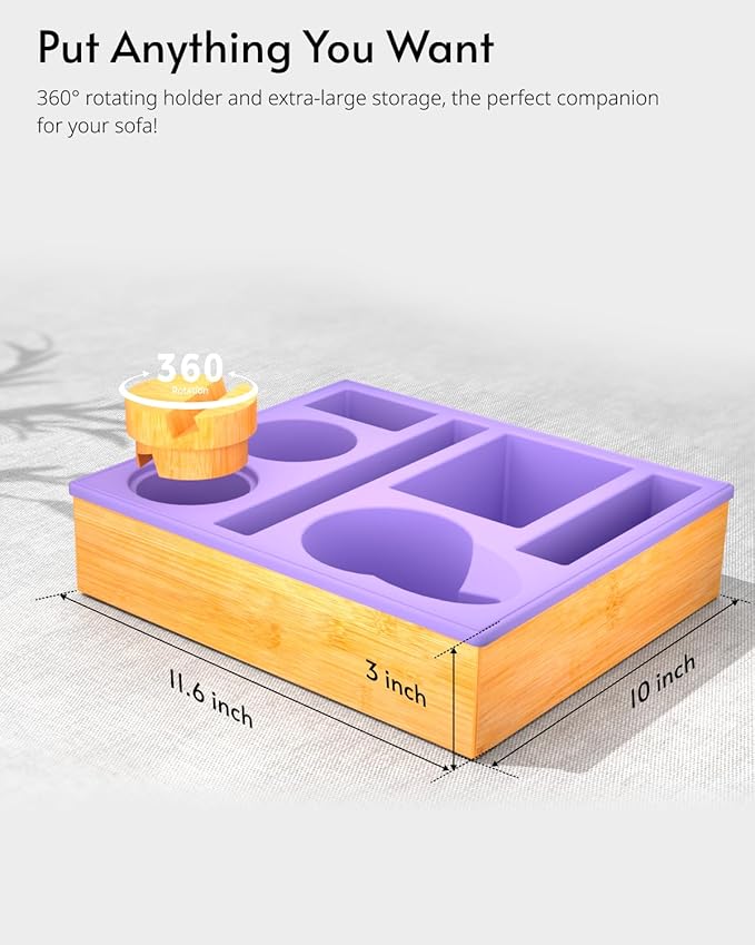 Couch Cup Holder Tray - Couch Organizer Caddy, Silicone Beach Caddy with Cup Holder, Sofa and Bed Drink Holder and Couch Tray Table for Snacks Beverage Remote (Purple)-NeatNest