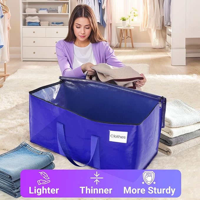 10Pack Moving Storage Bags, Moving Supplies Packing Boxes for Moving, Camping, College Dorm Room Essentials for Girls, Blue Tote Bags, 76L Heavy-Duty Storage Bins With Lids And Zippers