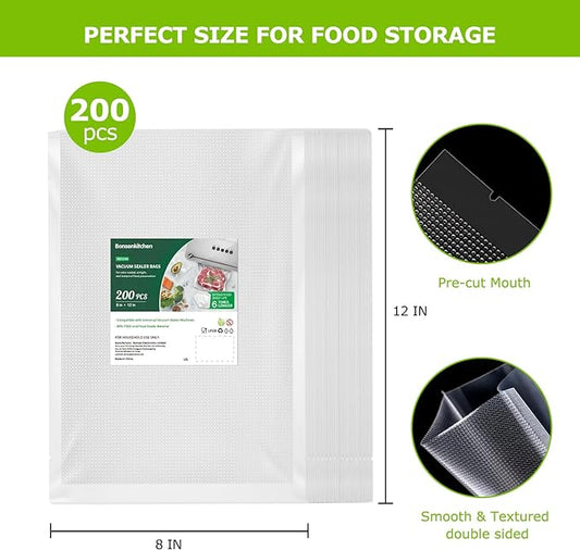 Bonsenkitchen Precut Vacuum Sealer Bags 200 Quart 8" x 12", BPA Free, Commercial Grade Textured Food Vacuum Sealer Bag, Thick Embossed Bags for Storage and Sous Vide Cooking VB3208-NeatNest