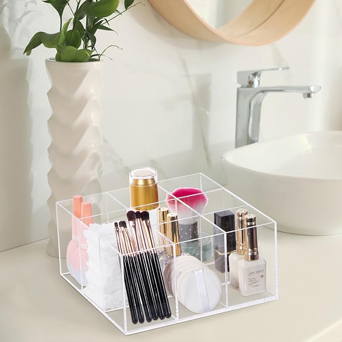 dedoot Acrylic Drawer Organizer, Clear 9 Compartment 3 Section Makeup Organizer Transparent Makeup Jewelry Accessories Storage Organizer, Acrylic Plastic Square Display Cube,7.87x7.87x3.94 Inch-NeatNest