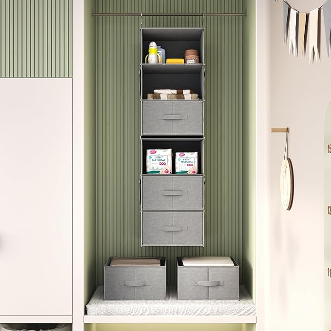 Vailando 6-Tier Hanging Shelves for Closet, Two 3-Shelf Hanging Closet Organizer w/ 4 Side Pockets and 3 Drawers, Combinable for Dorm Wardrobe Organizer and RV Storage and Organization-NeatNest