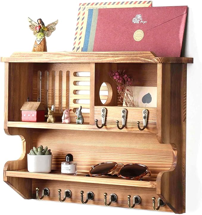 Key Holder for Wall, Mail and Key Holder for Home Decor, Key and Mail Holder for Wall with Key Hooks, Brown