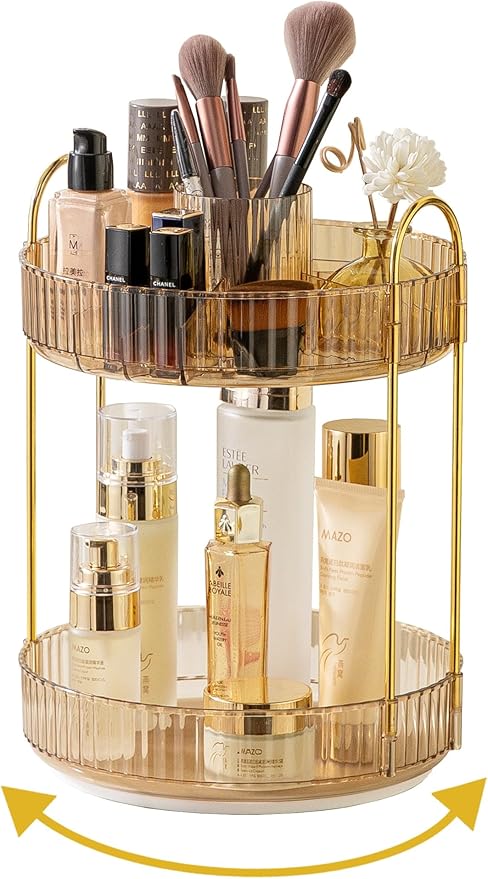 360 Rotating Makeup Organizer,2 Tier Large Capacity Make Up Organizers and Storage,Skincare Perfume Vanity Organizers,Bathroom Cosmetics Storage Organizer Countertop(Gold)-NeatNest