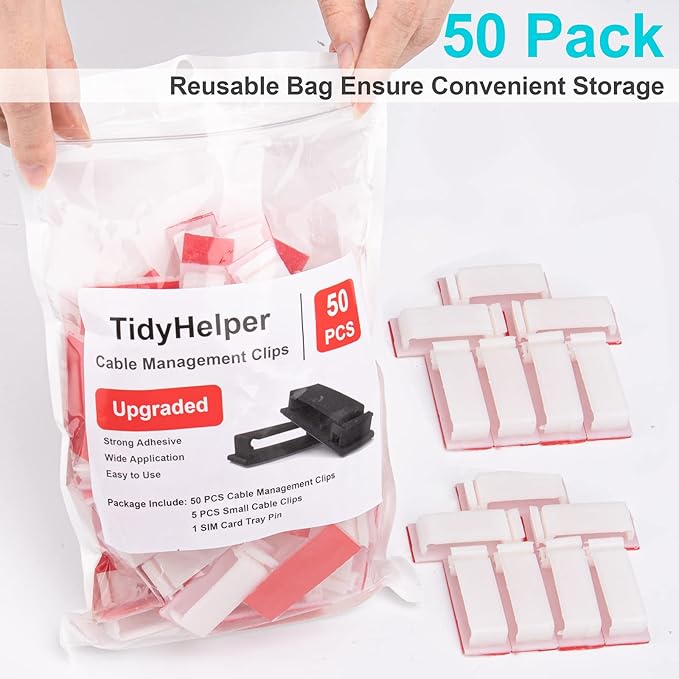 50 PCS Under Table Cable Management Clips White, Large Cable Clips for Computer Desk Cable Wire Management, Adhesive Wire Organizer Clips for Multiple Cord Management (PC, Network, TV, Ethernet)-NeatNest