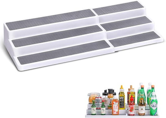 3 Tier Expandable Spice Rack Organizer, Plastic Spice Rack, Adjustable Length 14.6In-25.8In, Non-Skid Tiered Spice Shelf Organizer for Kitchen Cabinet, Cupboard, Pantry, White/Grey-NeatNest